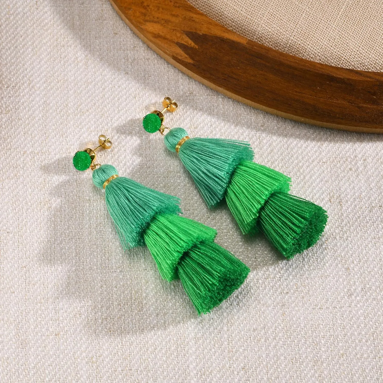 Christmas Tassel Earrings for Women Xmas Elegant Handmade Bohemian Long Tassel Three Layered Tree Shaped with Beads Lightweight Stud Earrings Thanksgiving Holiday Jewelry