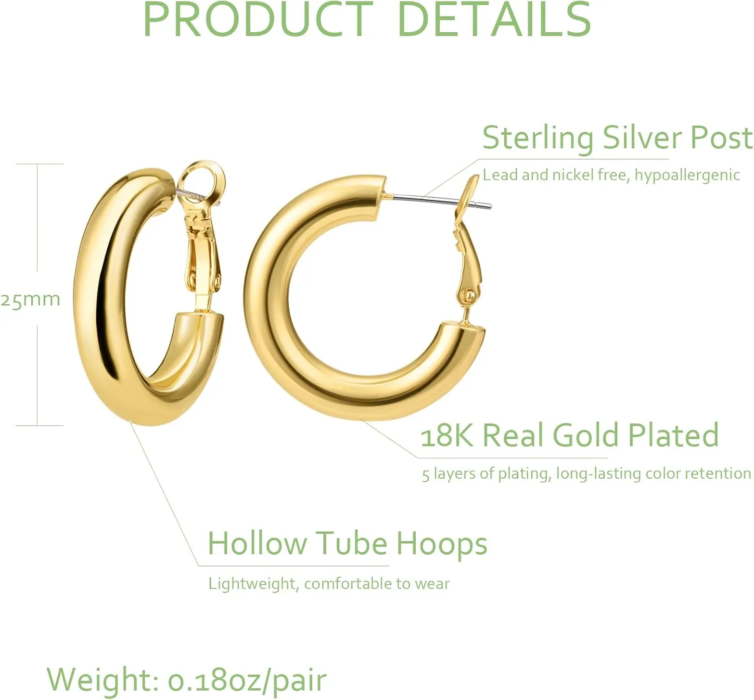 Chunky Hoop Earrings for Women 18K Real Gold Plated Thick Round Gold Hoops Earrings Hypoallergenic Tube Statement Earring Gift 25/30/40MM