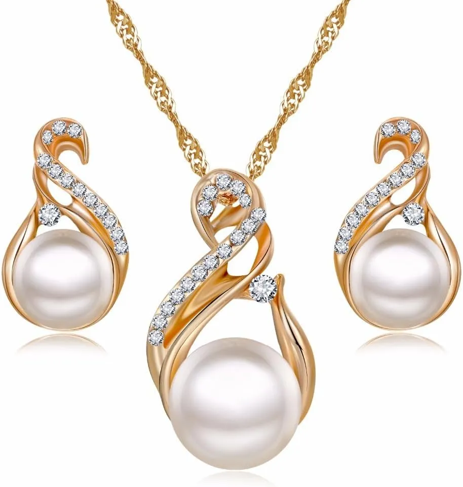 Classic Faux Pearl Necklace Earrings Jewelry Set Round White Pearl Costume Jewelry Simulated Pearl Necklaces Set