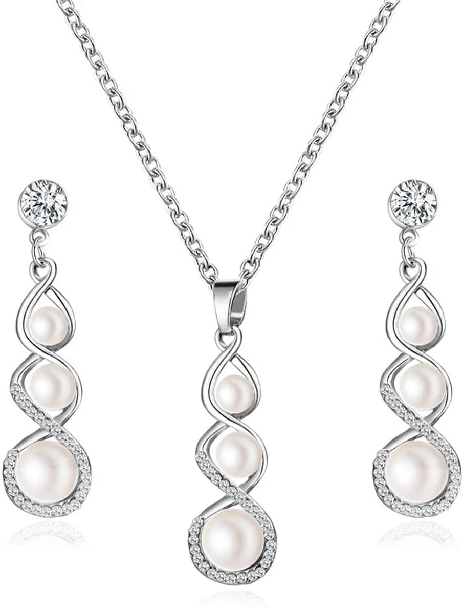 Classic Faux Pearl Necklace Earrings Jewelry Set Round White Pearl Costume Jewelry Simulated Pearl Necklaces Set