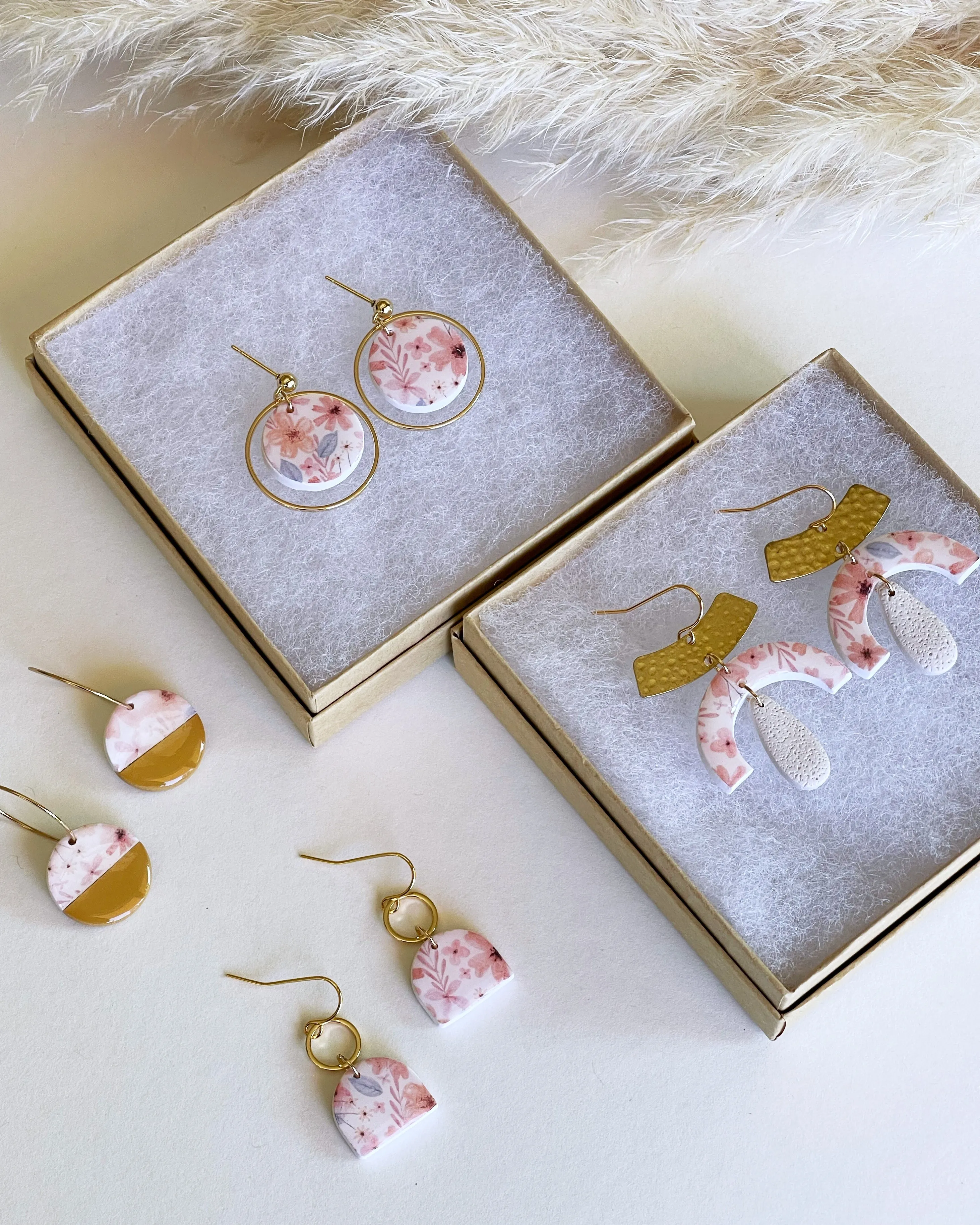Clay Earrings | Small Gold Hoops with Glossy Mustard   Floral Pendants