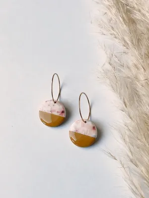 Clay Earrings | Small Gold Hoops with Glossy Mustard   Floral Pendants