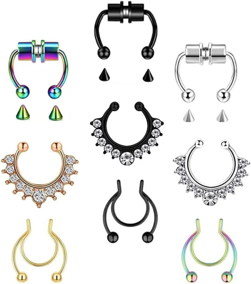 CLISPEED 9Pcs Fake Nose Rings for Women Rhinestone Nose Cuff Jewelry Non Piercing Nose Clips Comfortable Skin Friendly Decorations for Parties and Fashion Events