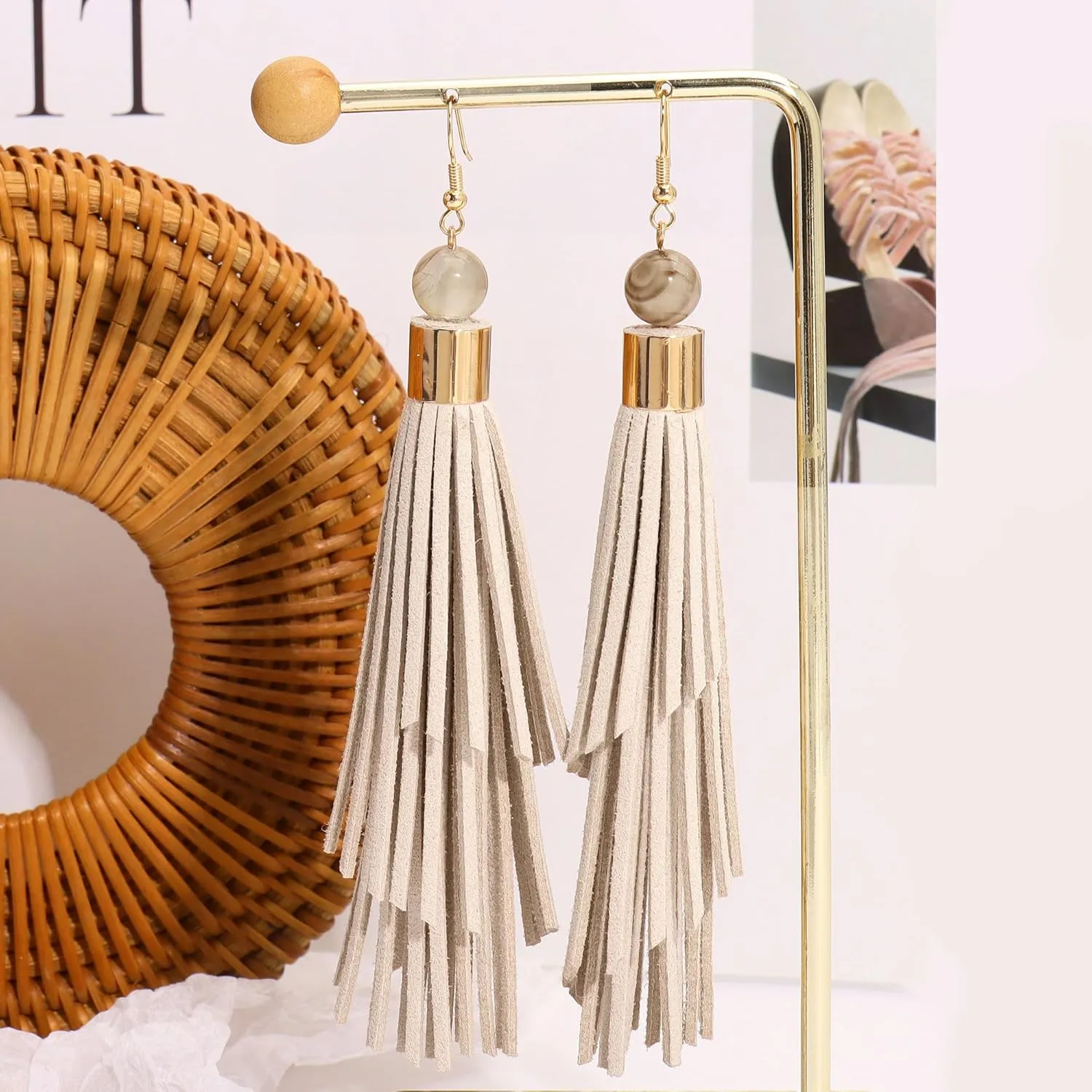 Coiris Boho Leather Layered Tassel Earrings for Women Lightweight Leather Fringe Dangle Earrings Handmade Bohemian Summer Beach Western Drop Earrings for Women
