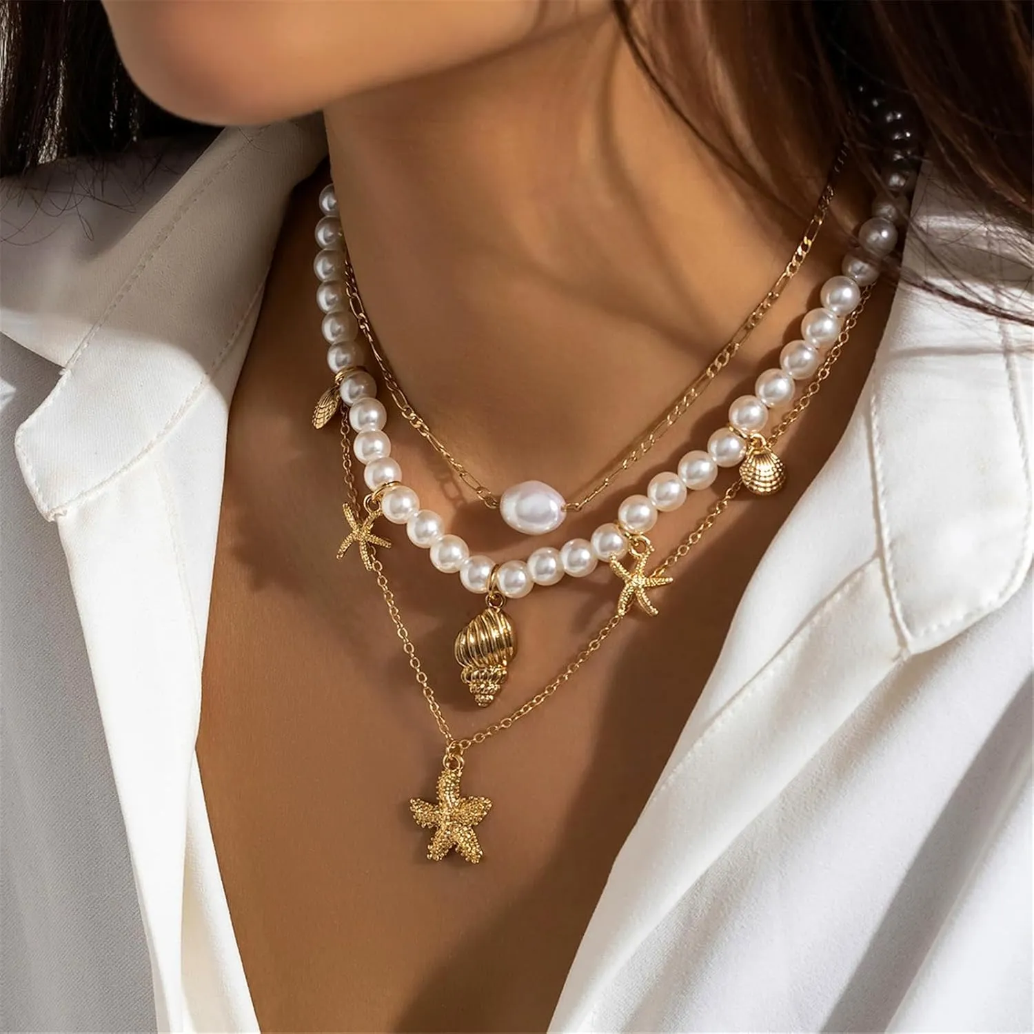 COLORFUL BLING Boho Puka Shell Starfish Seashell Choker Necklace for Women Layered Stackable Adjustable Beaded Chain Necklace Hawaiian Holiday Summer Beach Jewelry
