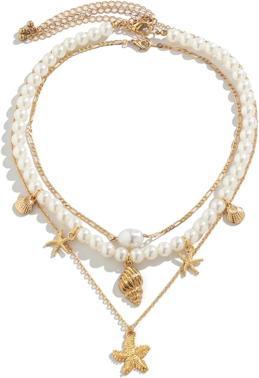 COLORFUL BLING Boho Puka Shell Starfish Seashell Choker Necklace for Women Layered Stackable Adjustable Beaded Chain Necklace Hawaiian Holiday Summer Beach Jewelry