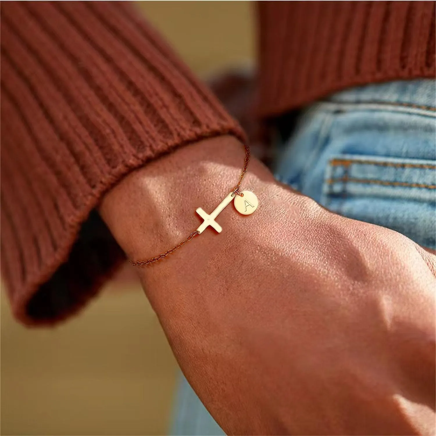 Cross Bracelet for Woman,A to Z Initial Bracelets Gold Link Chain Bracelets Religious Baptism Communion Faith Christian Jewelry Easter Basket Stuffers Bracelets