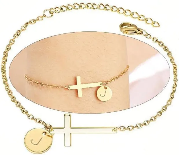 Cross Bracelet for Woman,A to Z Initial Bracelets Gold Link Chain Bracelets Religious Baptism Communion Faith Christian Jewelry Easter Basket Stuffers Bracelets
