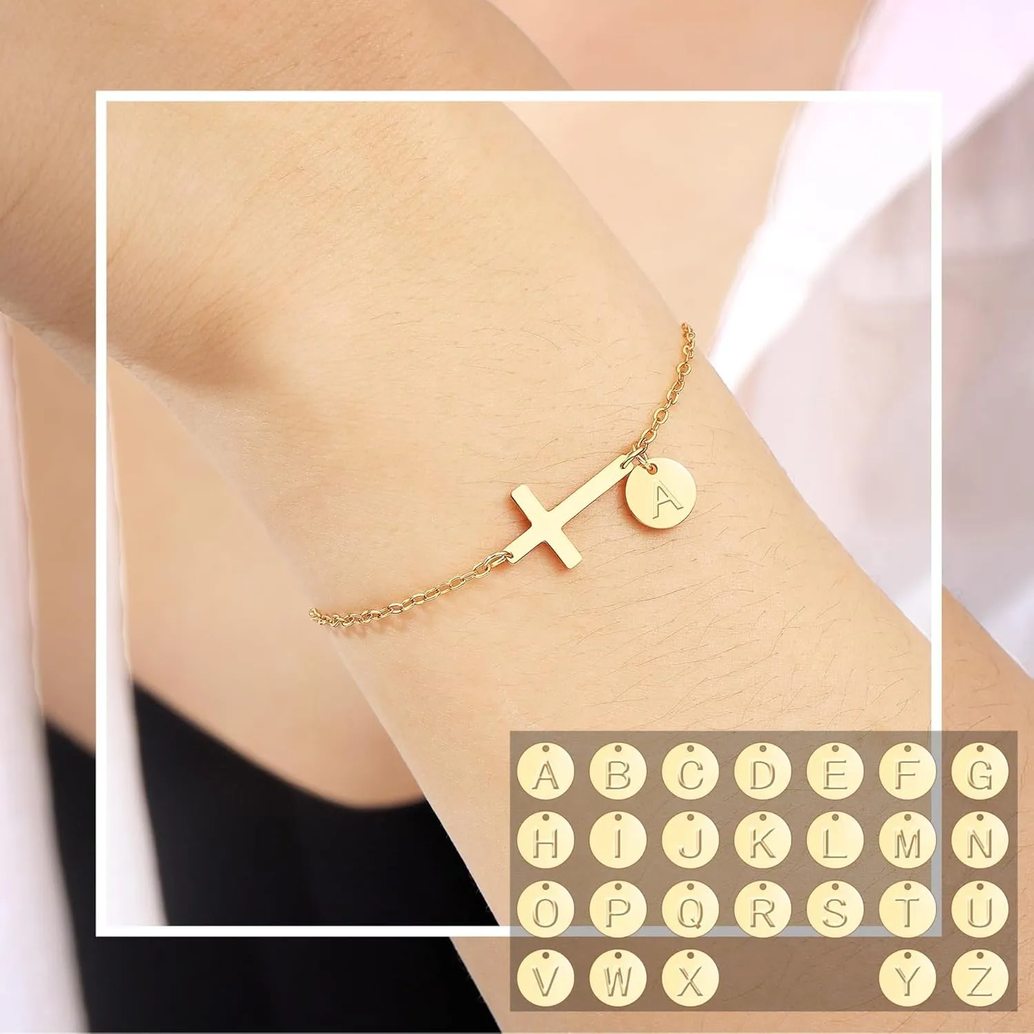 Cross Bracelet for Woman,A to Z Initial Bracelets Gold Link Chain Bracelets Religious Baptism Communion Faith Christian Jewelry Easter Basket Stuffers Bracelets