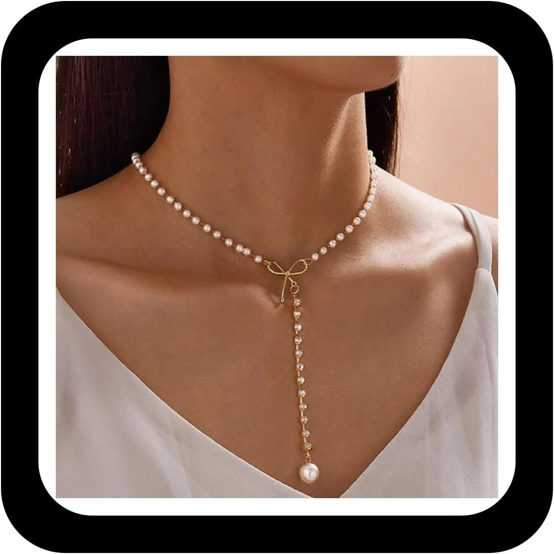 Crystal Pearl Pendent Necklace Gold Y Lariat Necklaces Bow Pearl Choker Necklace Rhinestone Pearl Chain Necklace Jewelry for Women