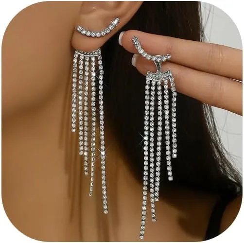 Crystal Tassel Drop Earrings for Women,Sparkly Rhinestone Tassel Dangle Drop Earrings Statement Chandelier Earrings Wedding Birthday Party Jewelry