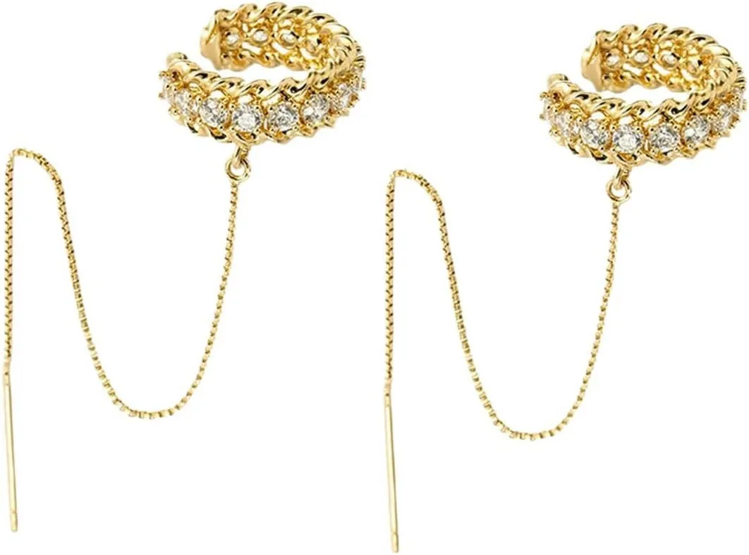 Cubic Zirconia Tassel Ear Cuff Earrings,Glittering Plated Gold Rhinestone Chain Fringe Clip On,Aesthetic Crystal Statement Earrings for Women