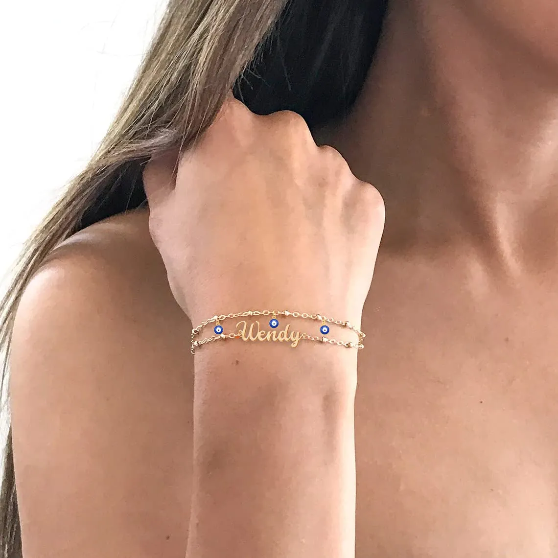 Custom Evil Eye Bracelets for Women Personalized 18K Gold Plated Name Bracelets Customized Charm Evil Eye Jewelry Christmas Gift for Girls (Evil Eye Bracelets Style 03)