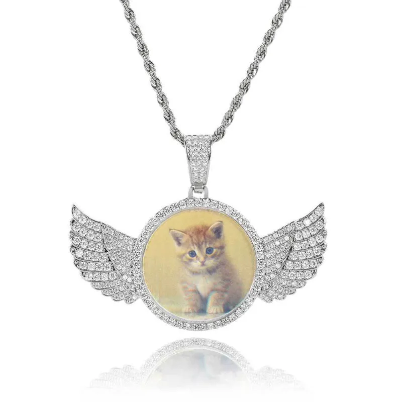 【Custom】Angel Wings Round Photo Memory Pendant