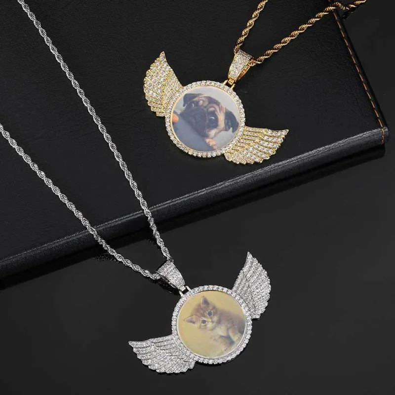 【Custom】Angel Wings Round Photo Memory Pendant
