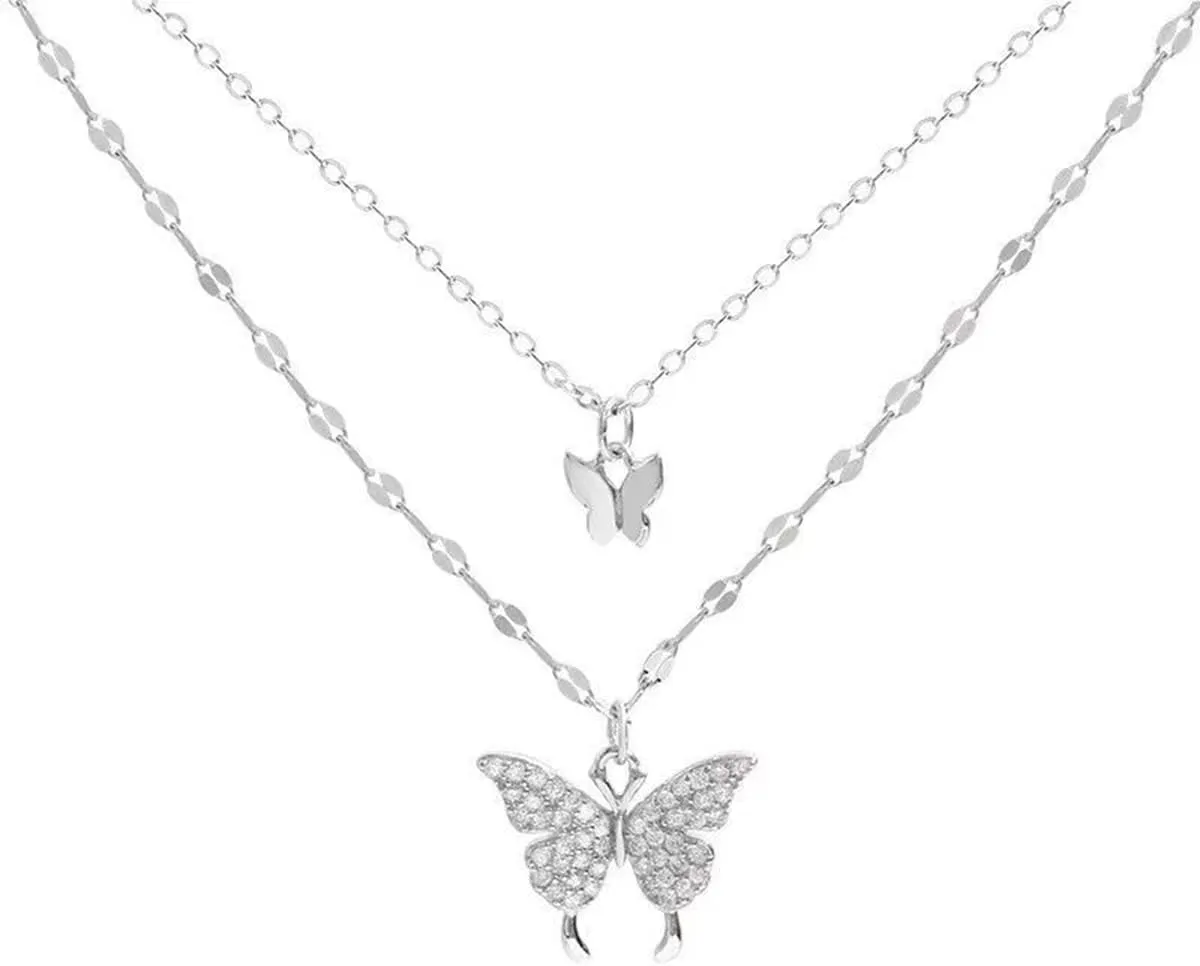 Dainty Layered Cubic Zirconia Two Butterflies Pendant Choker Necklaces for Women