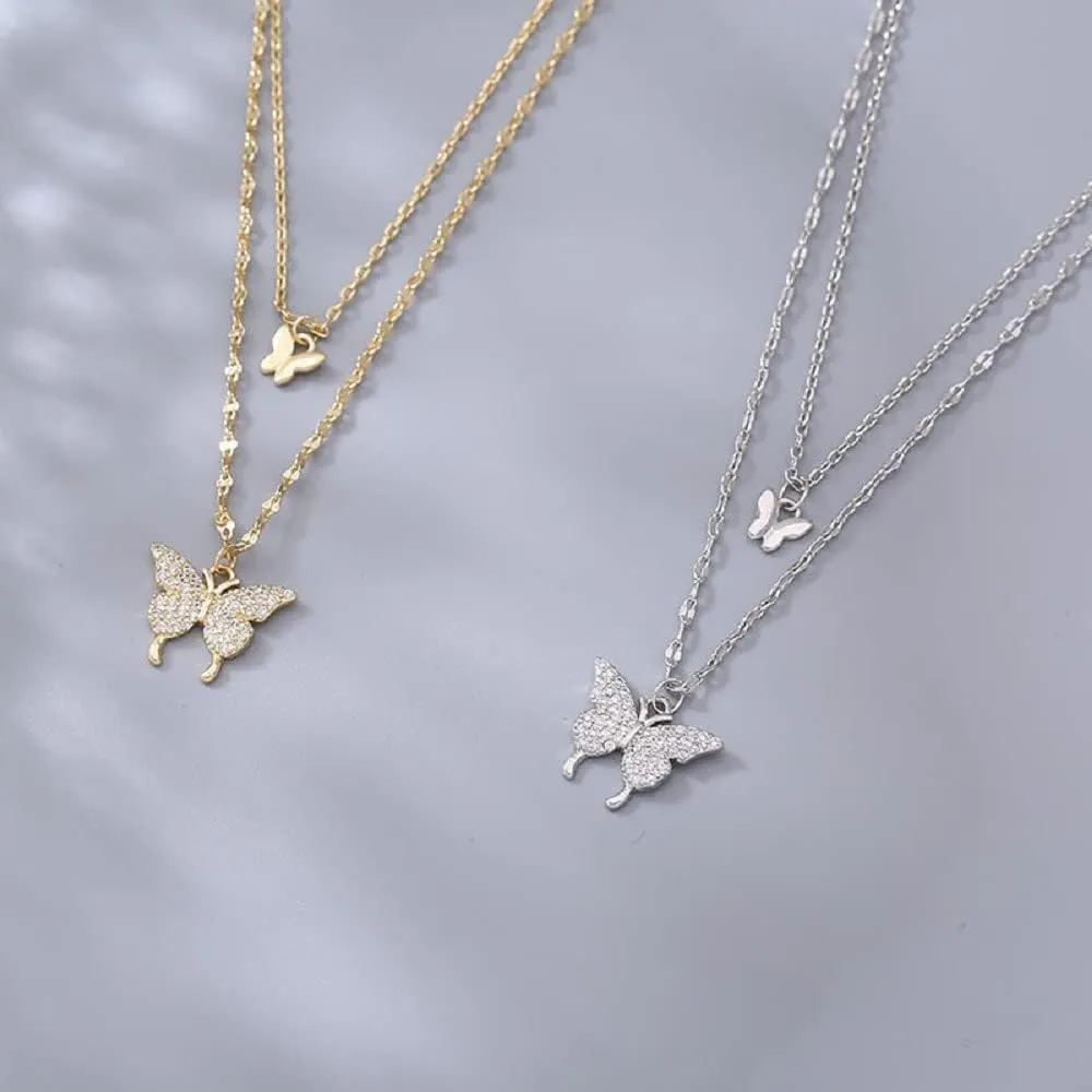 Dainty Layered Cubic Zirconia Two Butterflies Pendant Choker Necklaces for Women