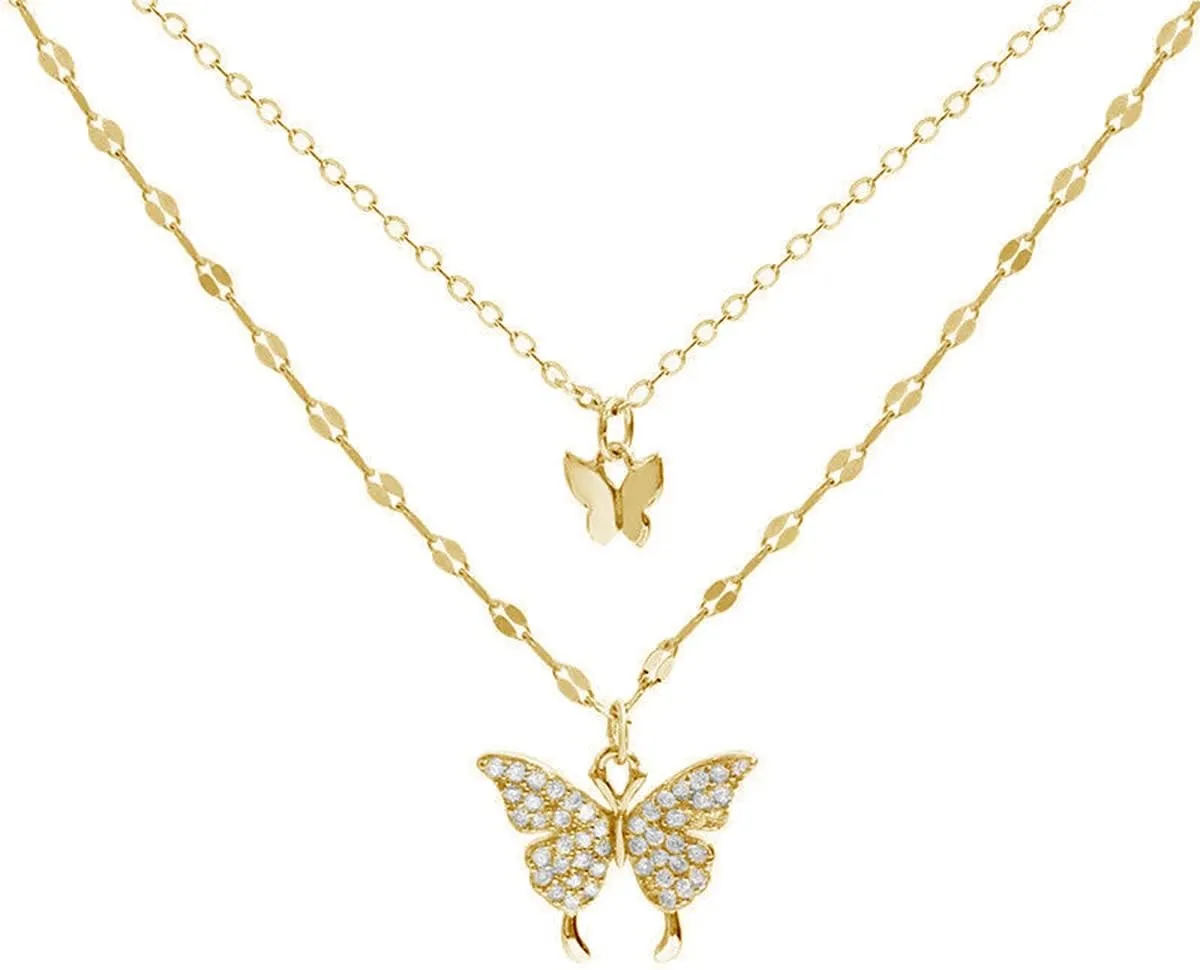 Dainty Layered Cubic Zirconia Two Butterflies Pendant Choker Necklaces for Women
