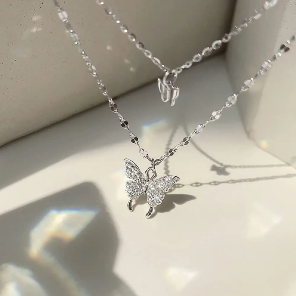Dainty Layered Cubic Zirconia Two Butterflies Pendant Choker Necklaces for Women