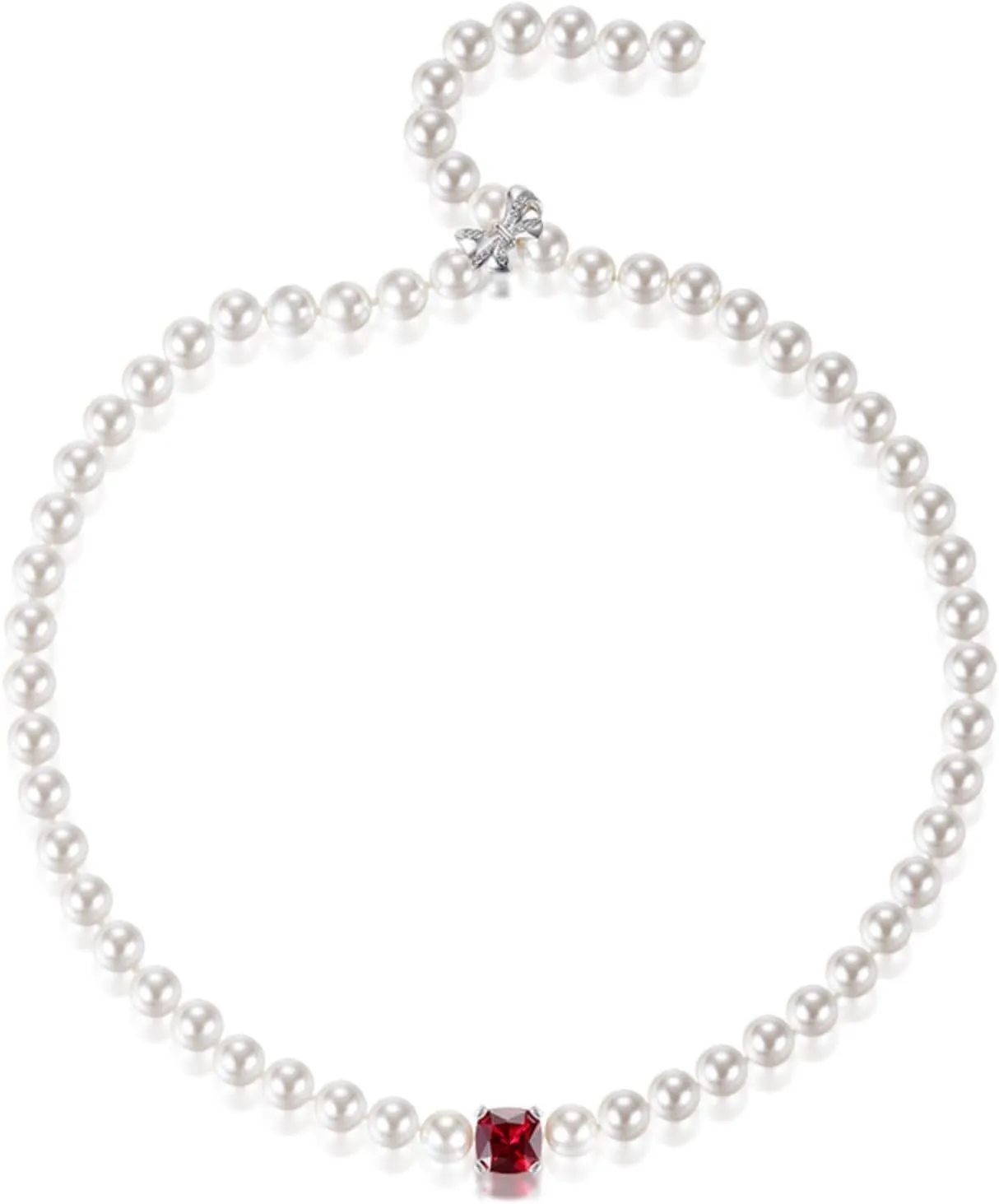 Dainty Pearl Necklace for Women with Cushion Cut 10 * 10MM Red CZ Simulated Diamond Cream White Pearl Choker Necklace Jewelry for Anniversary Valentines Day
