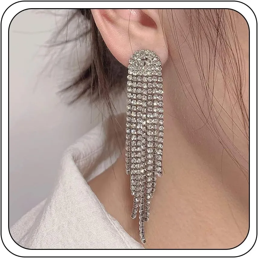 Dangle Earrings for Women, Trendy Rhinestone Long Tassel Earrings Sparkly S925 Sterling Silver Stud Chandelier Dangle Earrings Bridal Wedding Party Jewelry Gifts