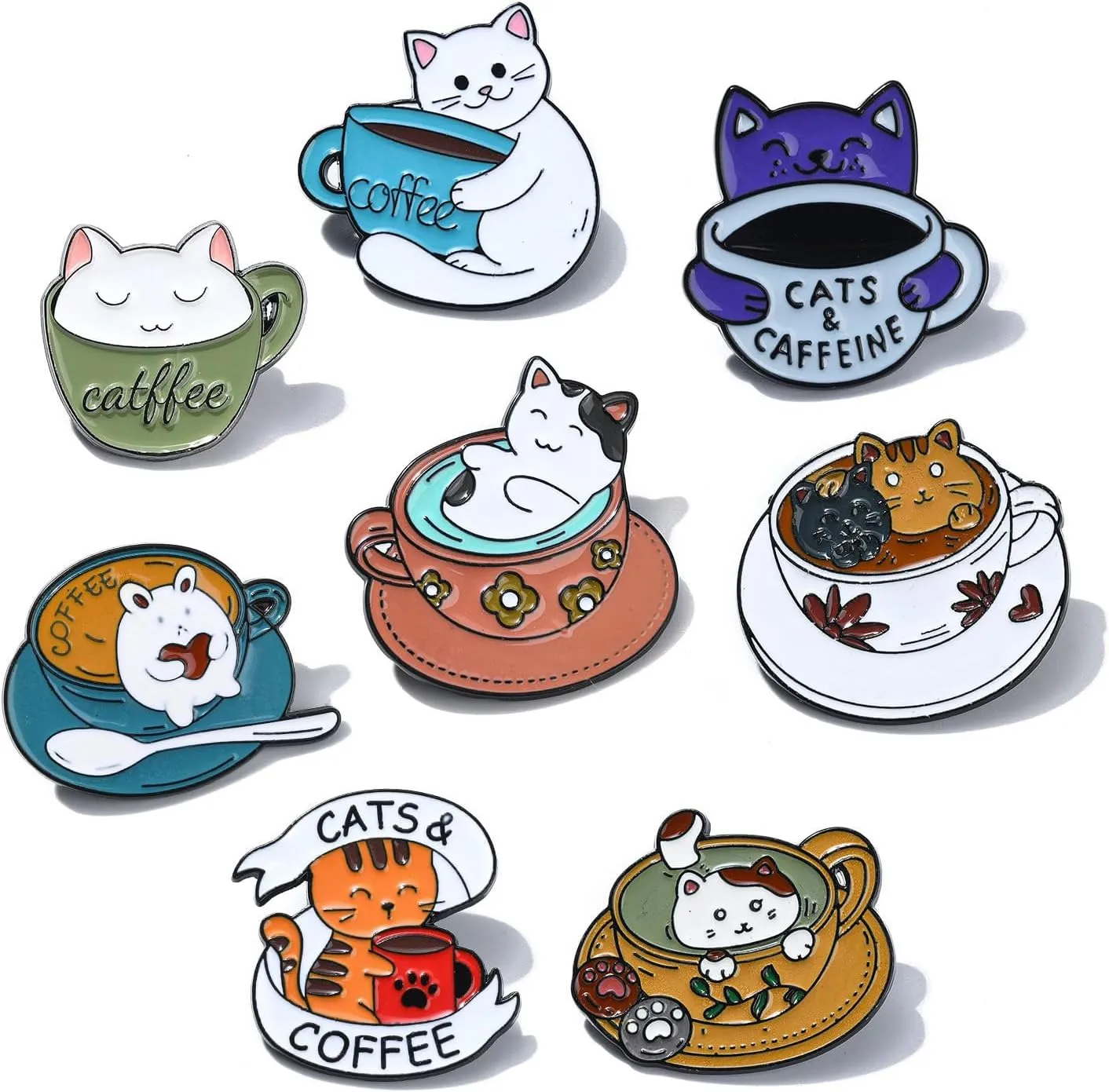 DanLingJewelry 8Pcs 8 Styles Coffee Cup Cat Enamel Pins Cafe Aniaml Pet Brooch Pins Decorative Lapel Pins for Backpacks Bag Decor