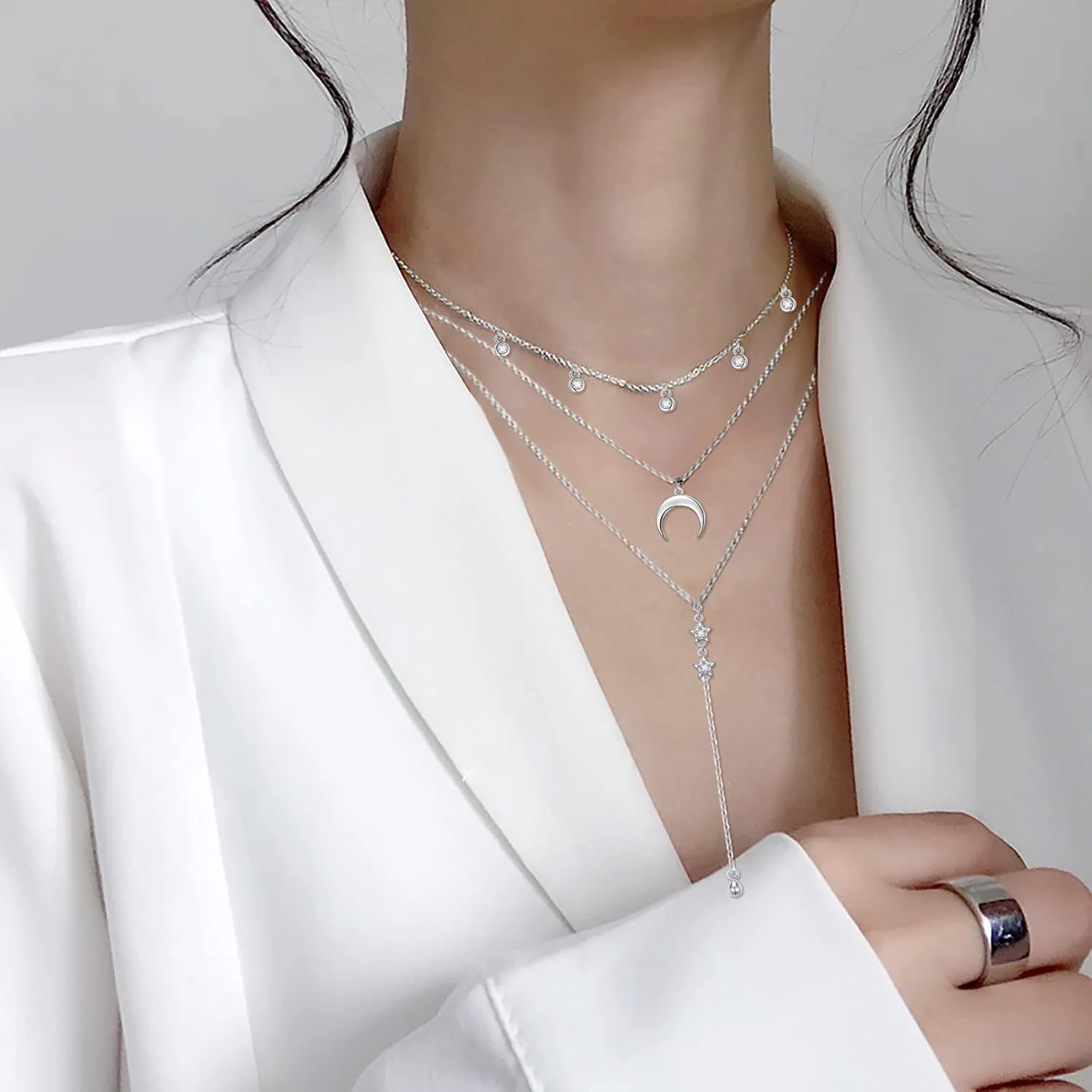 DAOCHONG Layered Necklace 925 Sterling Silver Multilayer Necklace Triple 3 Layered Choker Necklace Long Chain Necklace for Women