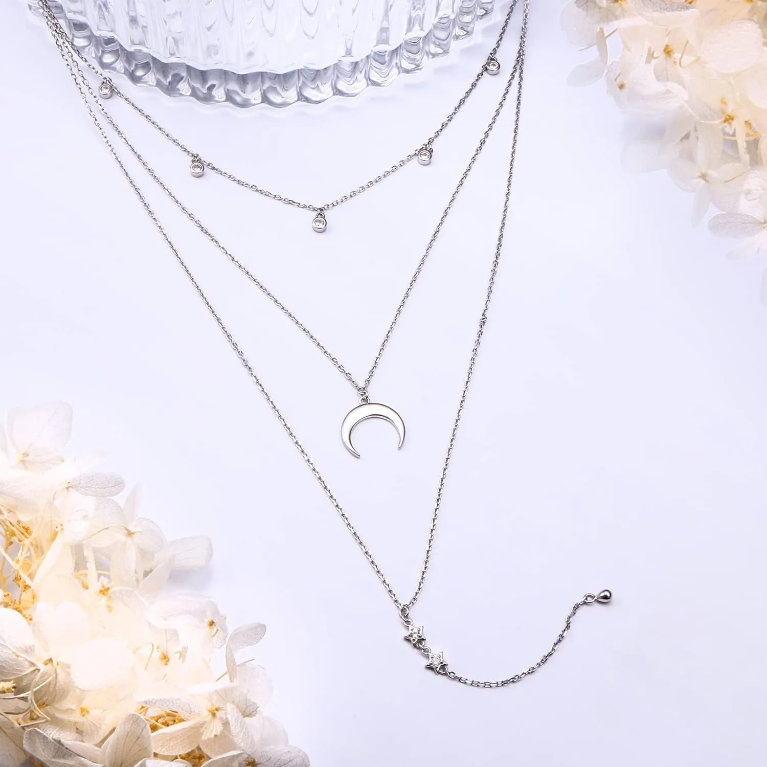 DAOCHONG Layered Necklace 925 Sterling Silver Multilayer Necklace Triple 3 Layered Choker Necklace Long Chain Necklace for Women
