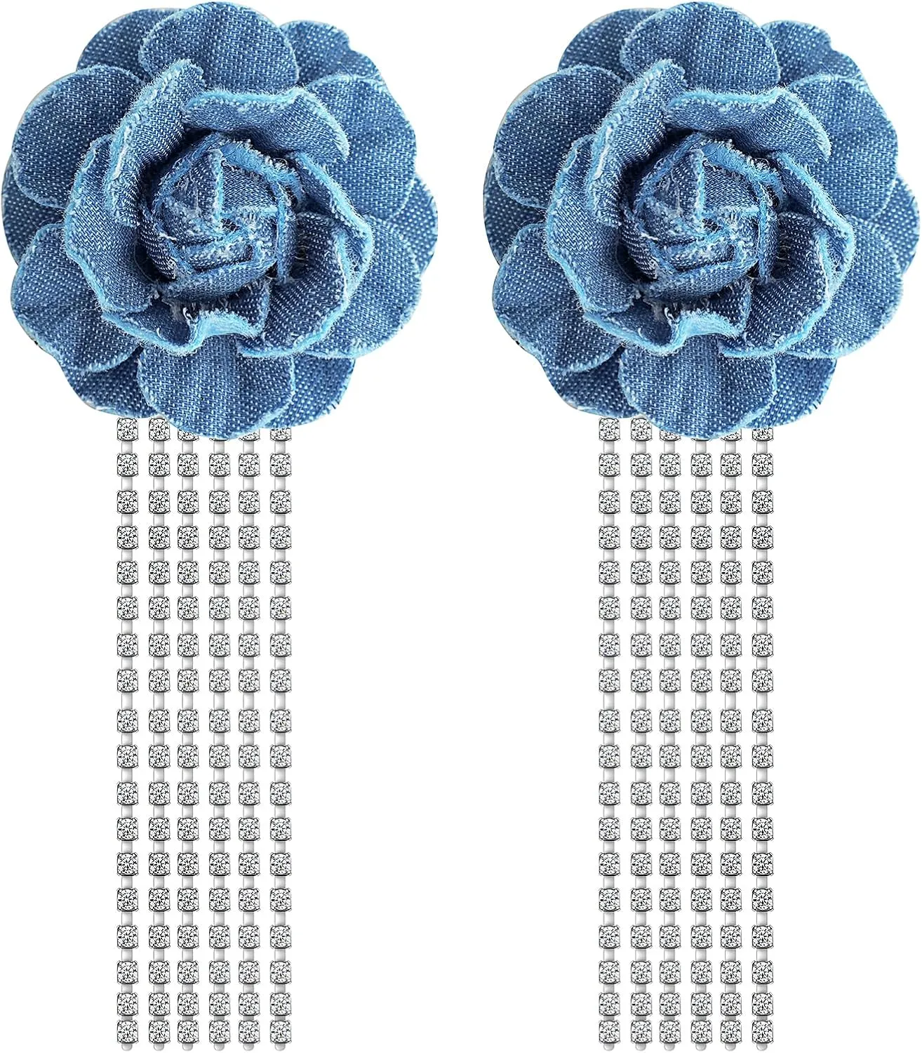 Denim Flower Earrings for Women Exaggerated Long Tassel Floral Earrings Navy Blue Cowboy Statement Earring Big Sparkly Crystal Chain Fringe Dangle Earring Boho Fashion Camellia Jewelry Gifts
