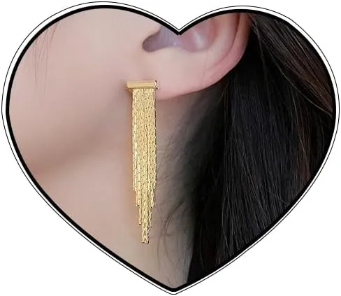 Eioi & Lmnm Women's 14K Gold Plated Snake Chain Tassel Earrings, Gold Chain Tassel Stud Earrings, Short Tassel Earrings, Gold Office Earrings, Trendy Hypoallergenic Jewelry Gift for Her