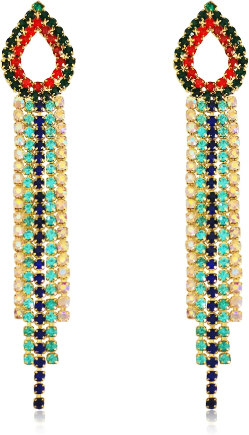 Elegant Long Colorful Rhinestones Tassel Earrings Bridal Black Chandelier Fringe Bohemian Stud Earrings for Women Sparkling Crystal Fringe Dangle Drop Earrings for Fashion Dainty Wedding Jewelry Gifts