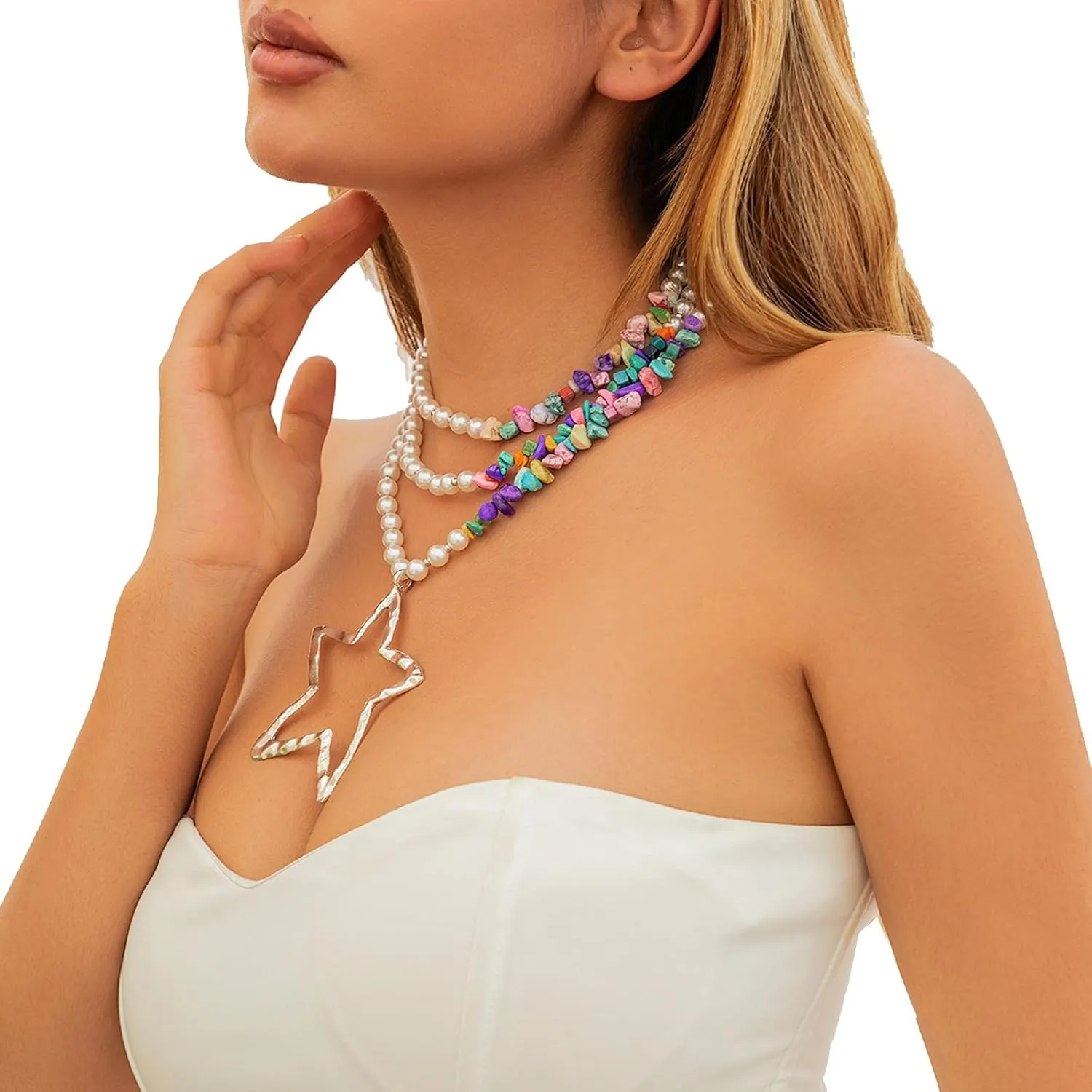Elegant Pearl Collar Necklace Sexy Summer Beach Beads Clavicle Chain Necklace Metal Big Star Pendant Neck Chain Multi Layered Pearl Body Chain Necklace Jewelry for Women