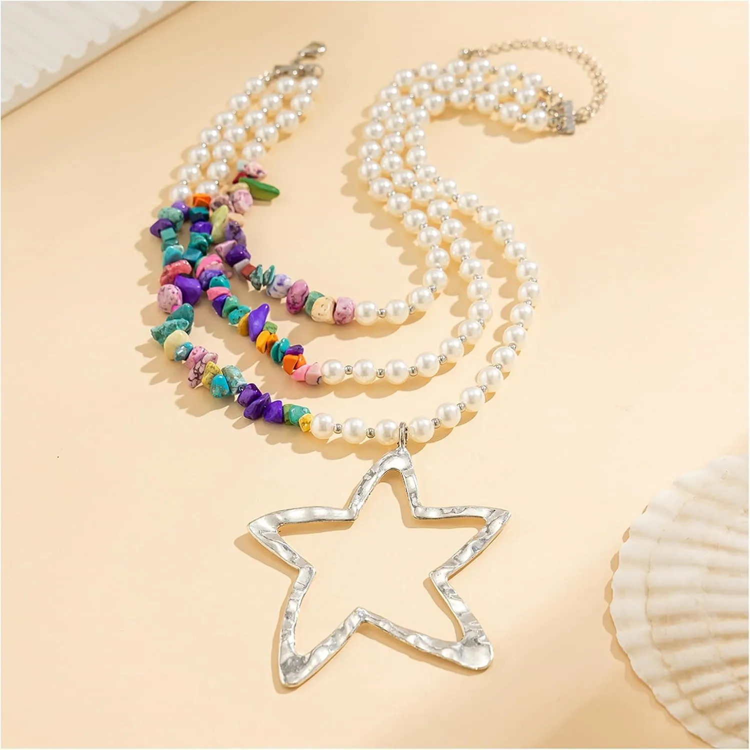 Elegant Pearl Collar Necklace Sexy Summer Beach Beads Clavicle Chain Necklace Metal Big Star Pendant Neck Chain Multi Layered Pearl Body Chain Necklace Jewelry for Women