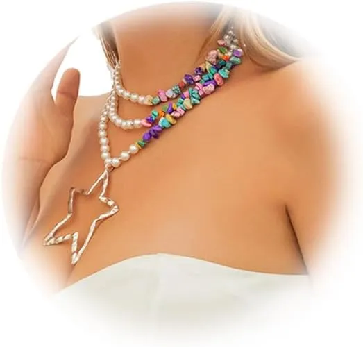 Elegant Pearl Collar Necklace Sexy Summer Beach Beads Clavicle Chain Necklace Metal Big Star Pendant Neck Chain Multi Layered Pearl Body Chain Necklace Jewelry for Women