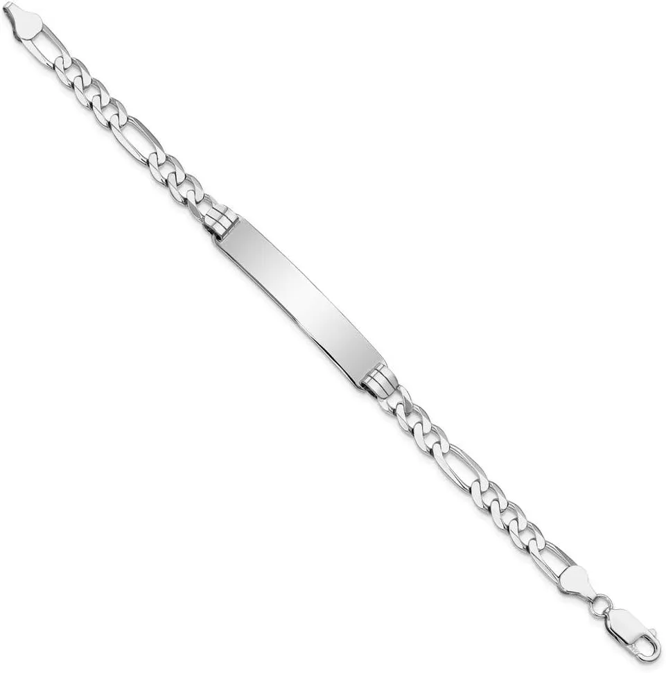 Engravable Personalized Custom 14K White Gold Figaro Link ID Bracelet For Men or Women Length 7 inches Width 7.5 mm