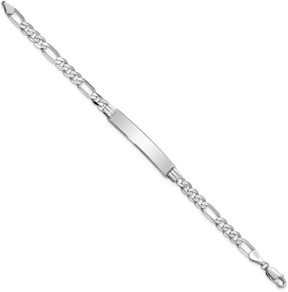 Engravable Personalized Custom 14K White Gold Figaro Link ID Bracelet For Men or Women Length 8 inches Width 7 mm