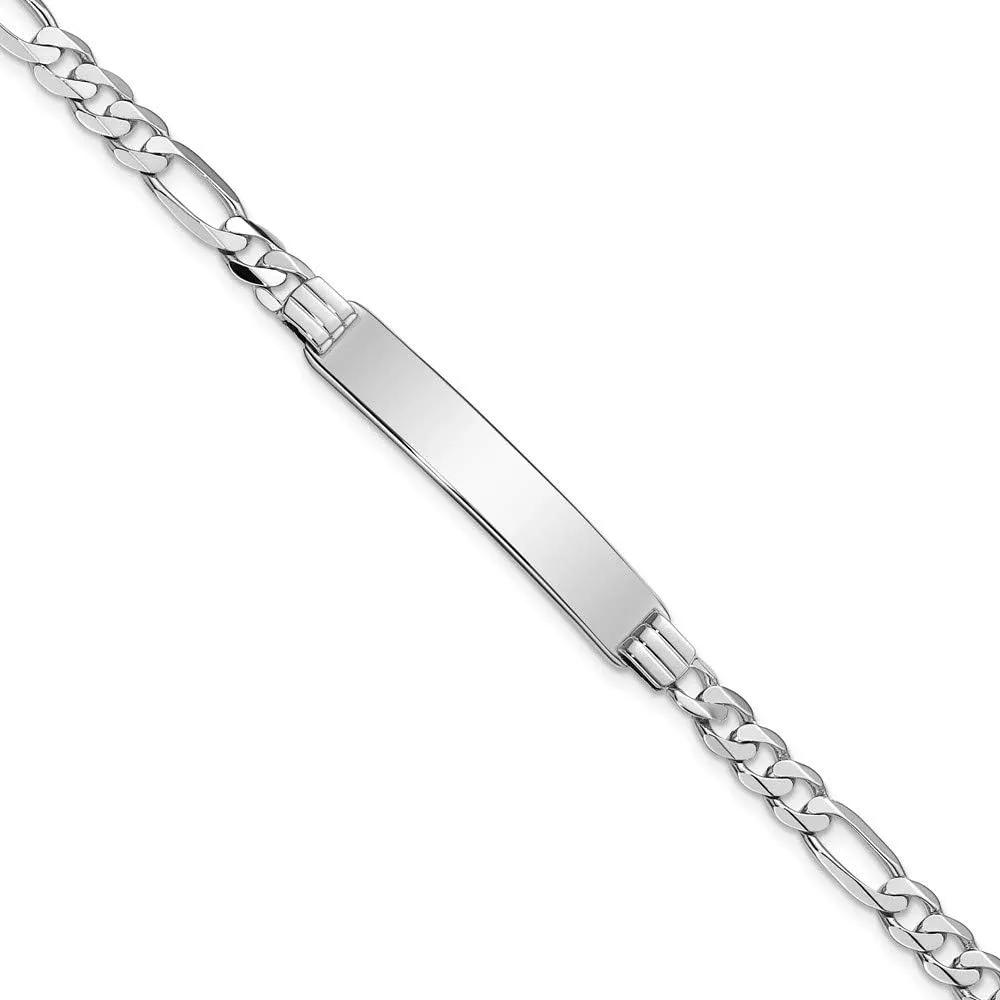 Engravable Personalized Custom 14K White Gold Figaro Link ID Bracelet For Men or Women Length 8 inches Width 7 mm