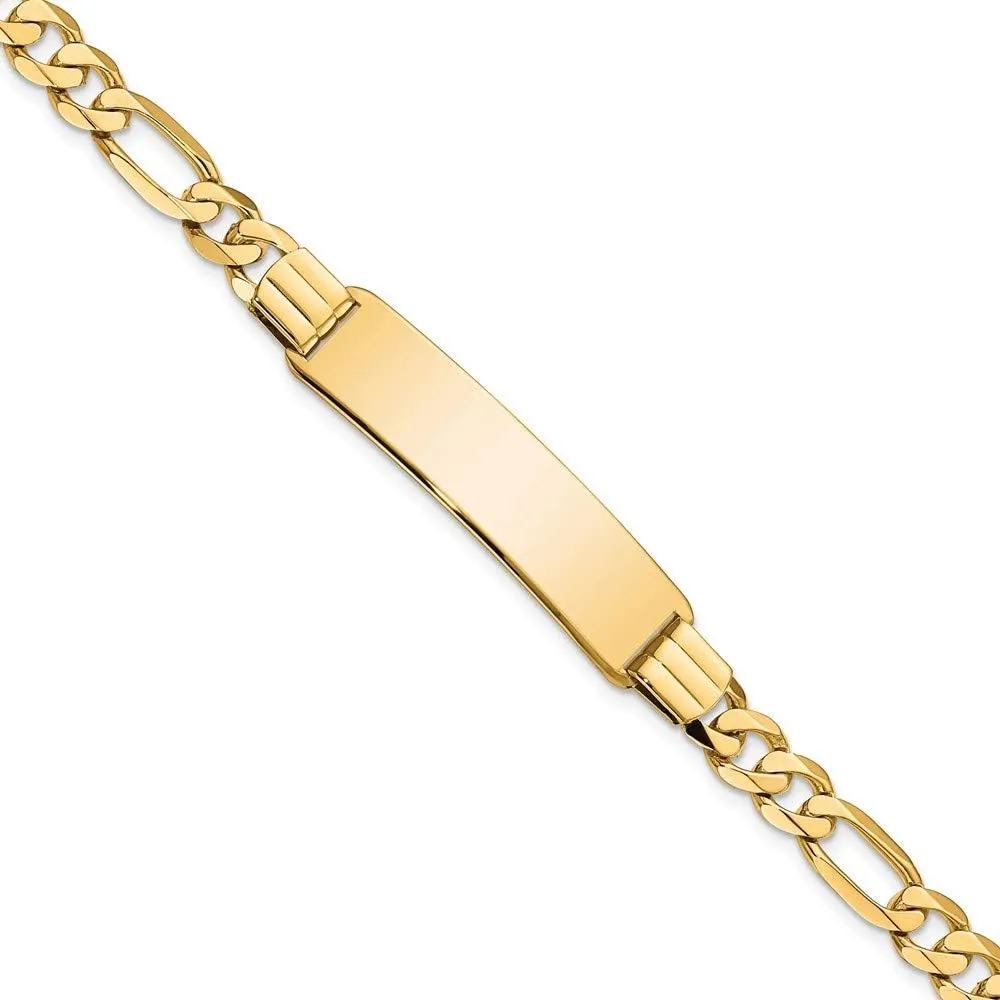 Engravable Personalized Custom 14K Yellow Gold Flat Figaro Link ID Bracelet For Men or Women Length 7 inches Width 9 mm