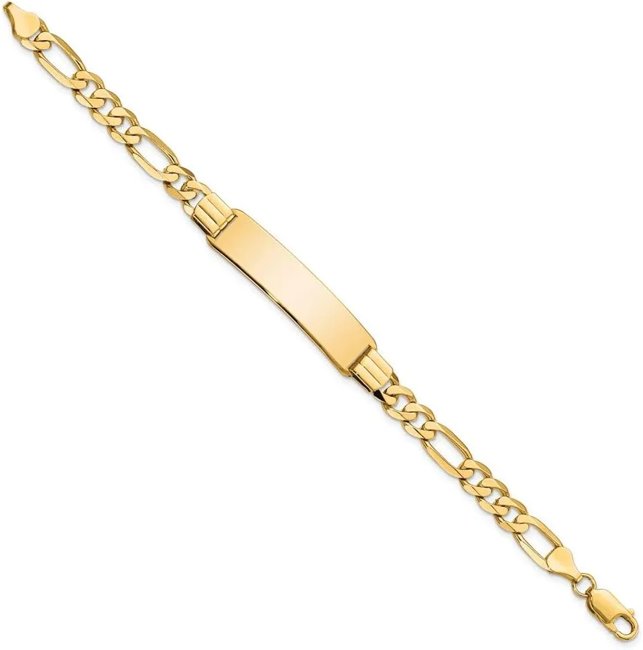 Engravable Personalized Custom 14K Yellow Gold Flat Figaro Link ID Bracelet For Men or Women Length 7 inches Width 9 mm