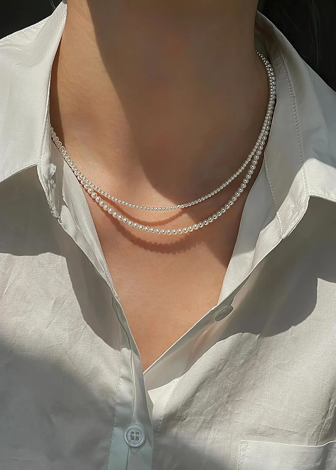Eymi Simple Tiny Dainty Pearl Choker Necklace Jewelry for Women Sterling Silver Round White Pearl Strand Necklaces Adjustable