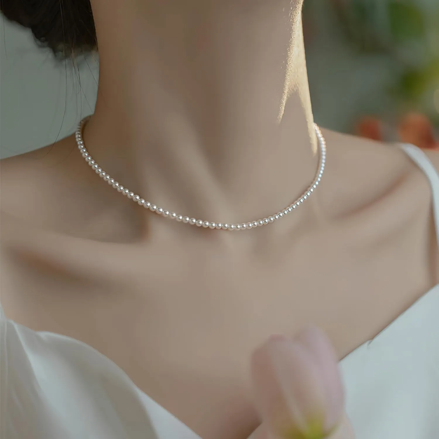 Eymi Simple Tiny Dainty Pearl Choker Necklace Jewelry for Women Sterling Silver Round White Pearl Strand Necklaces Adjustable