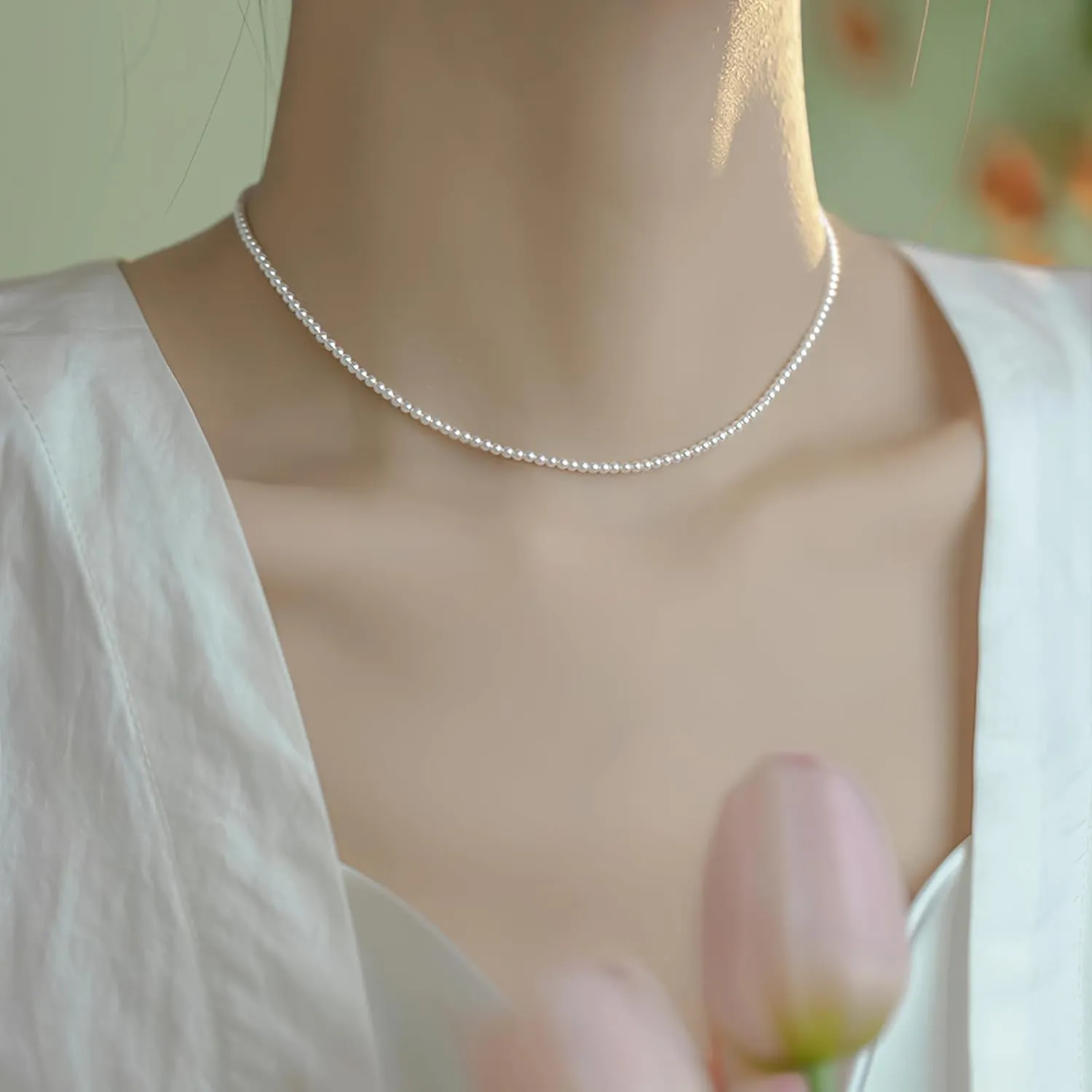 Eymi Simple Tiny Dainty Pearl Choker Necklace Jewelry for Women Sterling Silver Round White Pearl Strand Necklaces Adjustable