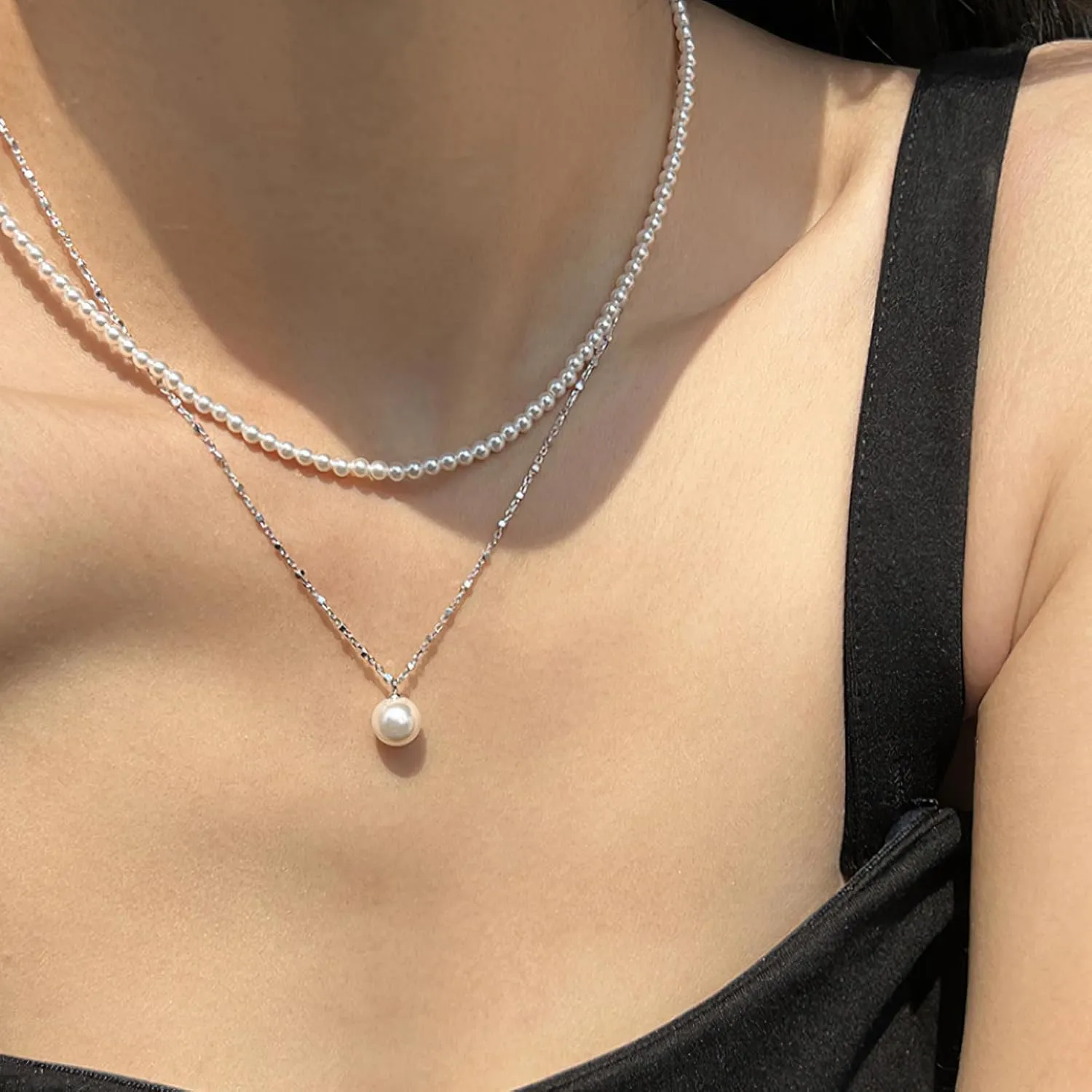 Eymi Simple Tiny Dainty Pearl Choker Necklace Jewelry for Women Sterling Silver Round White Pearl Strand Necklaces Adjustable