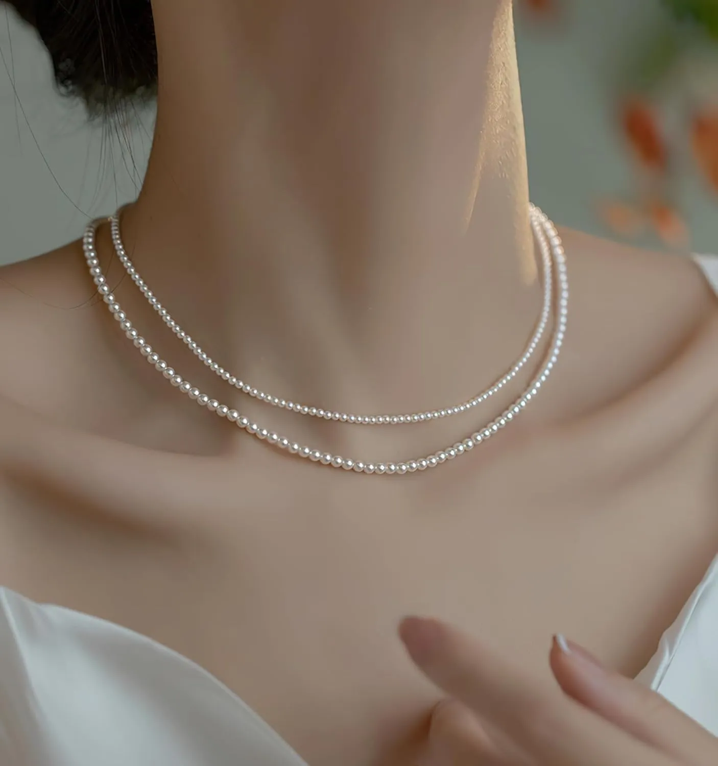 Eymi Simple Tiny Dainty Pearl Choker Necklace Jewelry for Women Sterling Silver Round White Pearl Strand Necklaces Adjustable