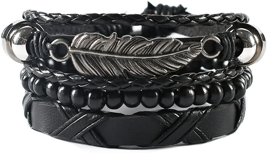 Fashion Month 4Pcs Set Braided Wrap PU Leather Bracelets for Men Women Vintage Beads Ethnic Tribal Wristbands