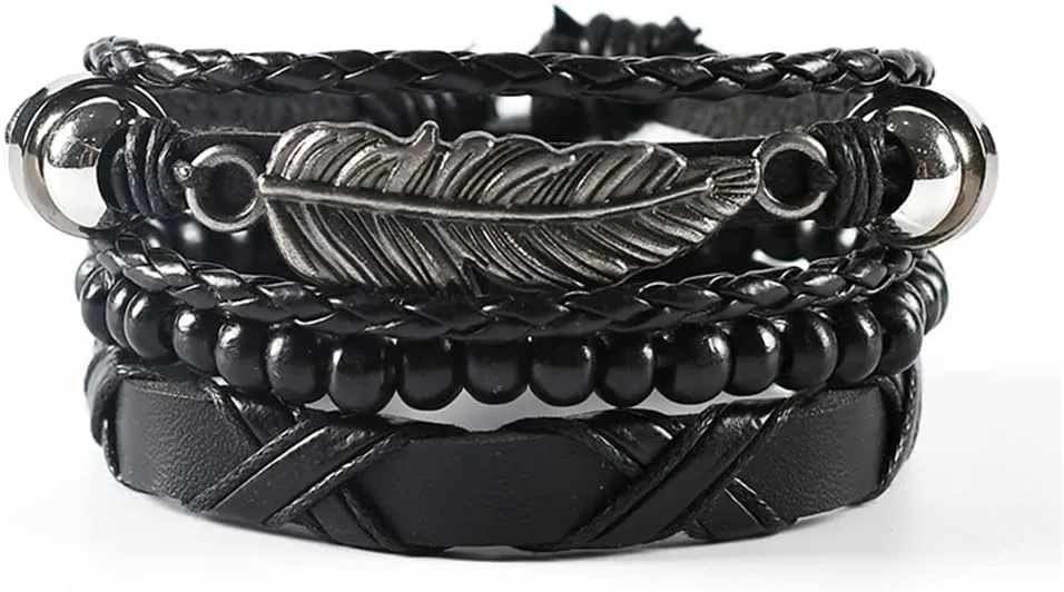 Fashion Month 4Pcs Set Braided Wrap PU Leather Bracelets for Men Women Vintage Beads Ethnic Tribal Wristbands