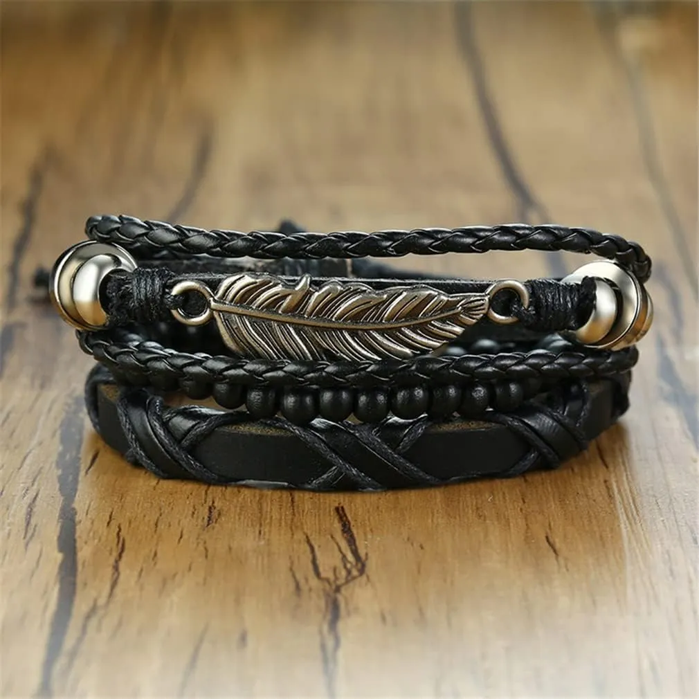 Fashion Month 4Pcs Set Braided Wrap PU Leather Bracelets for Men Women Vintage Beads Ethnic Tribal Wristbands