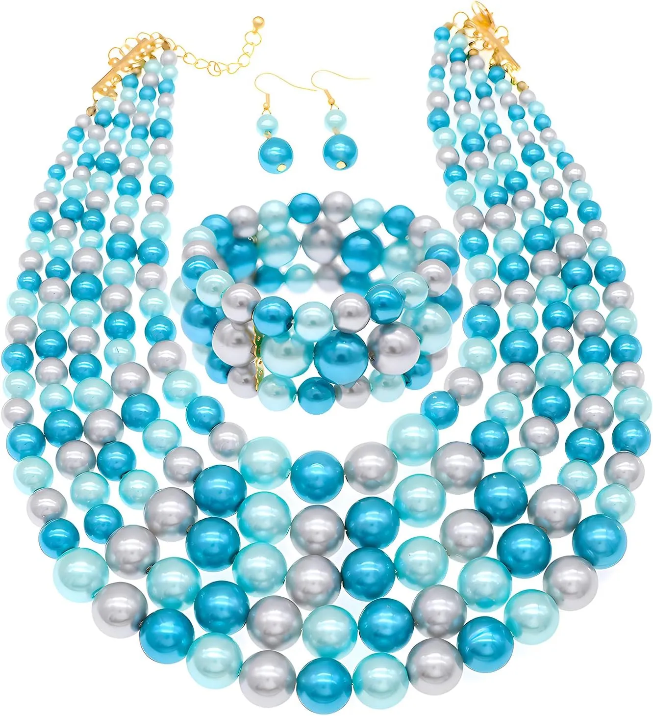 Faux Multi Pearl Necklace for Women Pearls Necklaces Bracelet and Earrings set for Wedding 1920s Costume Jewelry