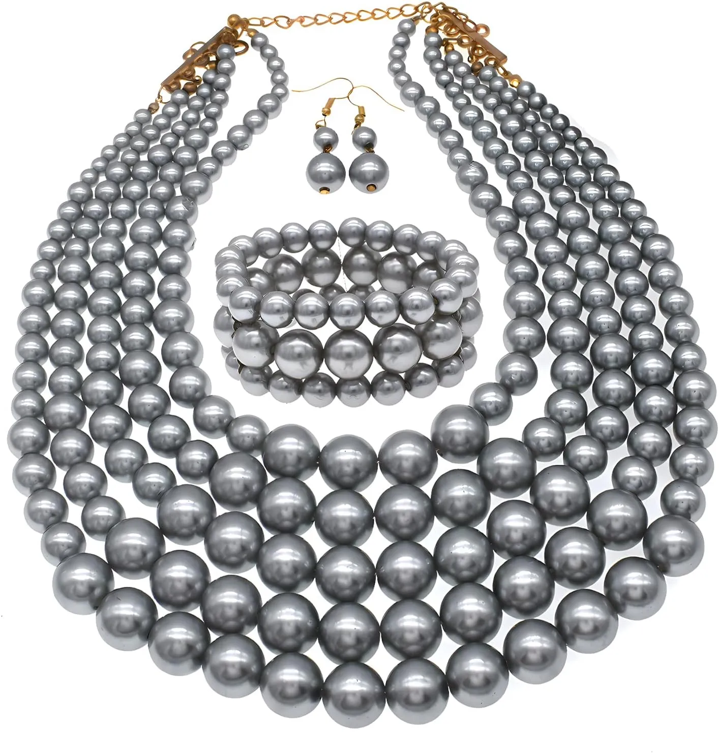 Faux Multi Pearl Necklace for Women Pearls Necklaces Bracelet and Earrings set for Wedding 1920s Costume Jewelry