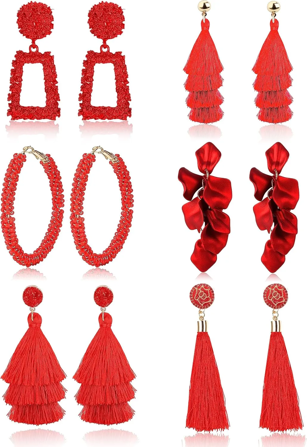 Florideco 6Pairs Statement Earrings for Women Drop Raffia Earrings Boho Long Tassel Earrings Dangle Geometric Earrings Fringe Drop Handmade Earrings Hot Pink Earrings for Women